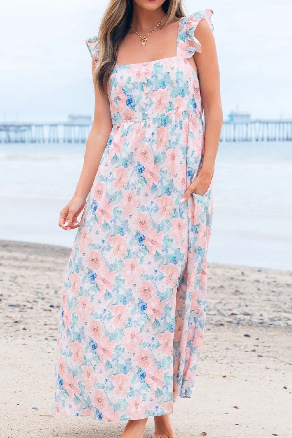 Floral Colorblock Flutter Straps Flowy Dress