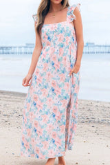 Floral Colorblock Flutter Straps Flowy Dress