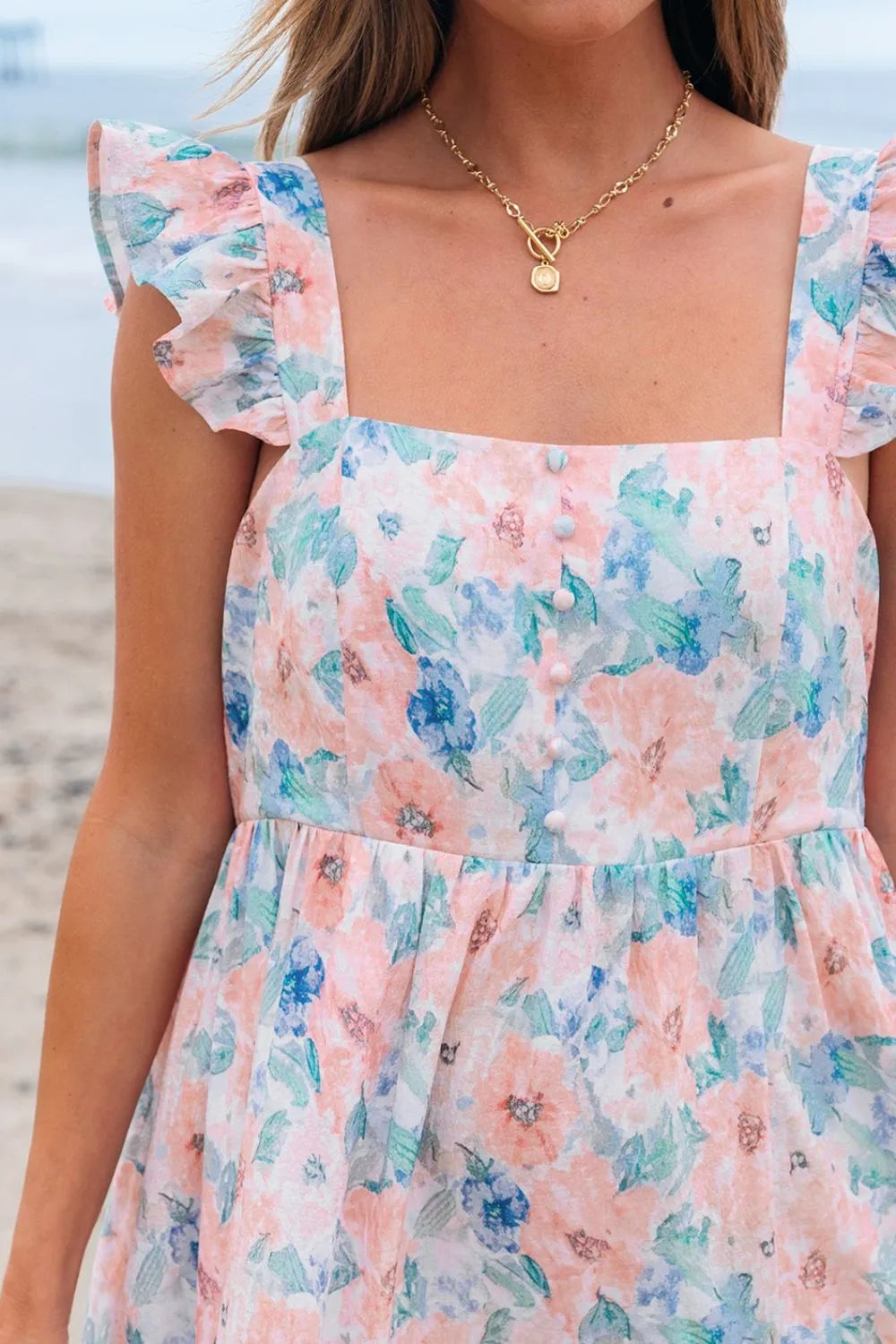 Floral Colorblock Flutter Straps Flowy Dress