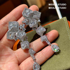 Floral Cutout Rhinestone Dangle Pave Crystal Earrings White