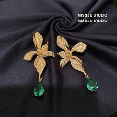 Floral Cutout Teardrop Crystal Studded Emerald Earrings Green