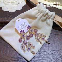 Floral Deco Chandelier Gemstone Crystal Earrings Purple