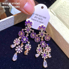 Floral Deco Chandelier Gemstone Crystal Earrings Purple