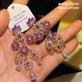 Floral Deco Chandelier Gemstone Crystal Earrings Purple