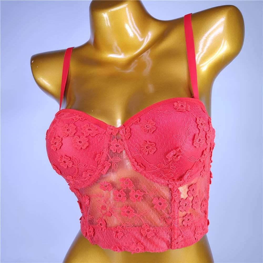 Floral Decor Mesh Lace Bustier Bralette S / Red