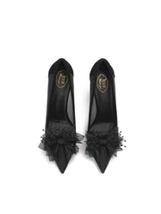 Floral Decorated Mesh Suede Stiletto Heels
