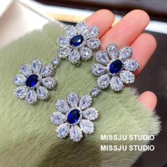 Floral Diamond Imitation Royal Blue Gemstone Dangle Earrings Blue