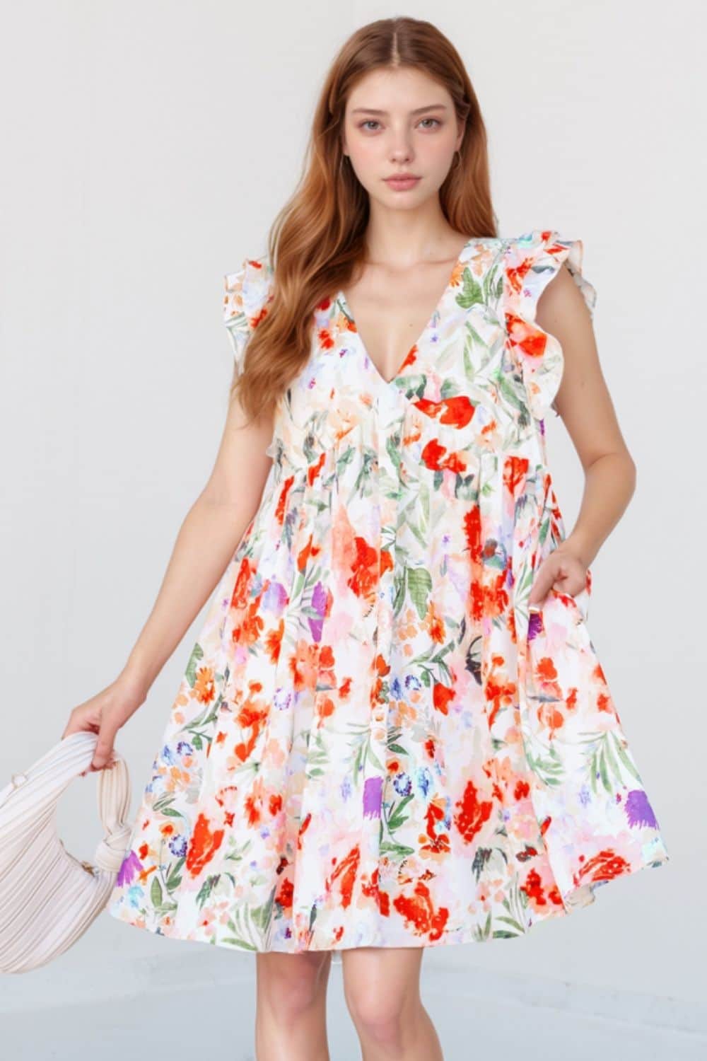 Floral Double Ruffle Sleeve V Neck Mini Dress