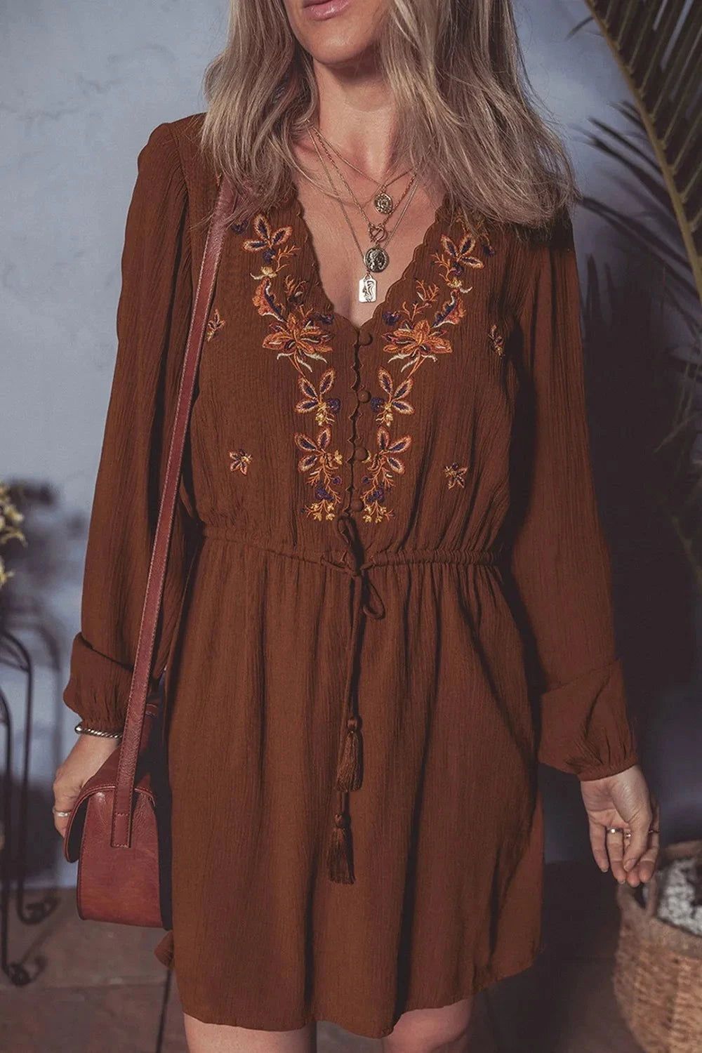 Floral Embroidered Long Sleeve Mini Dress