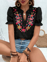 Floral Embroidered Puff Sleeve Blouse Black / S