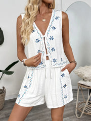 Floral Embroidered Vest and Shorts Set White / S
