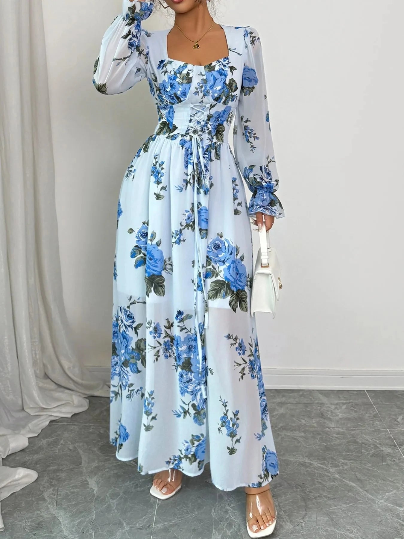 Floral Flounce Sleeve Maxi Dress Light Blue / S