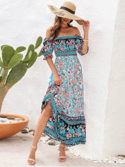 Floral Flounce Sleeve Midi Dress Pastel Blue / S