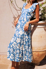 Floral Flutter Shoulder Tiered Flowy Midi Dress