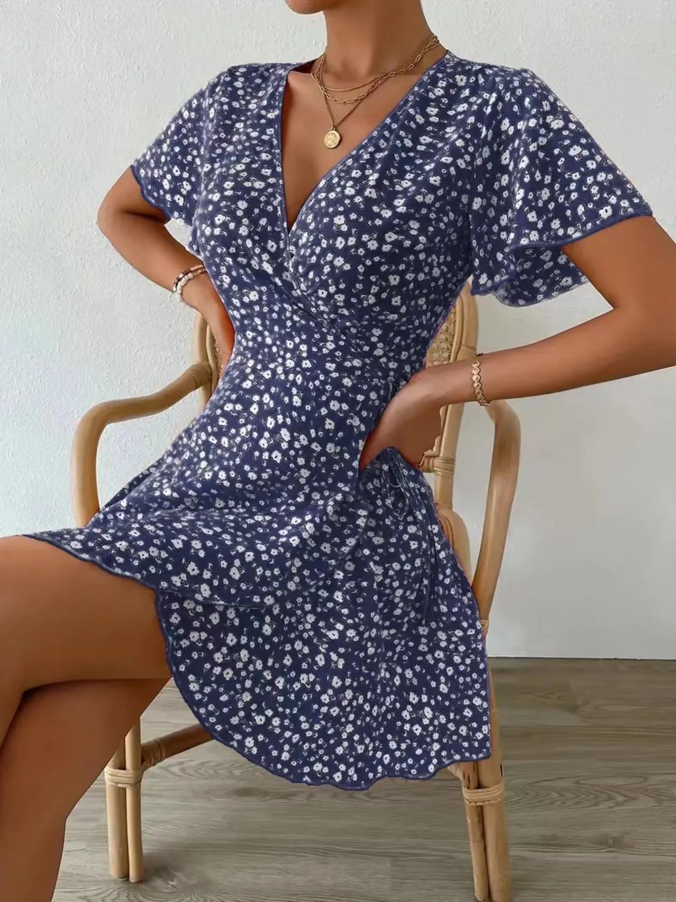 Floral Flutter Sleeve Wrap Mini Dress