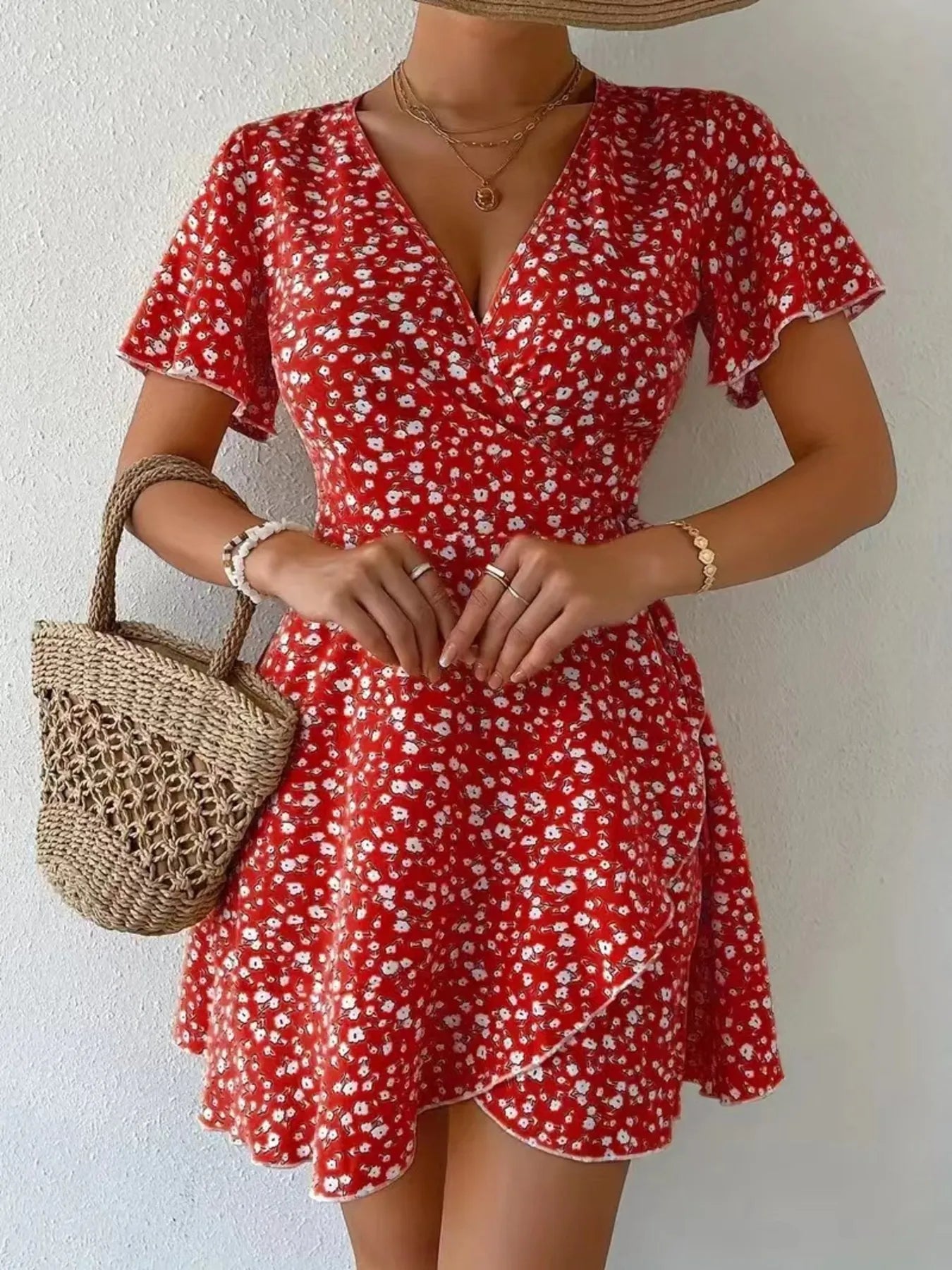 Floral Flutter Sleeve Wrap Mini Dress