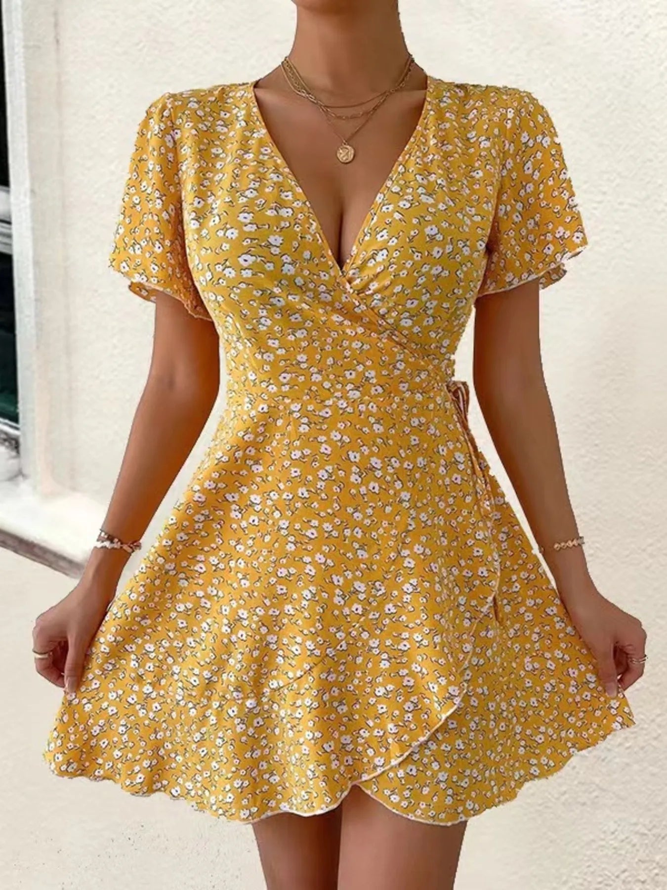 Floral Flutter Sleeve Wrap Mini Dress