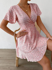 Floral Flutter Sleeve Wrap Mini Dress