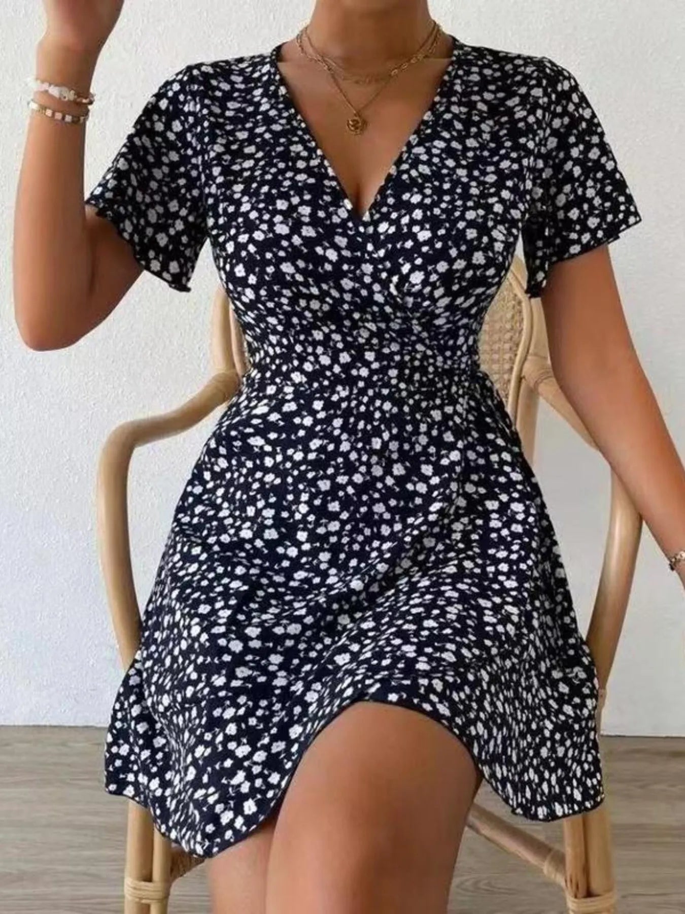 Floral Flutter Sleeve Wrap Mini Dress Black / S