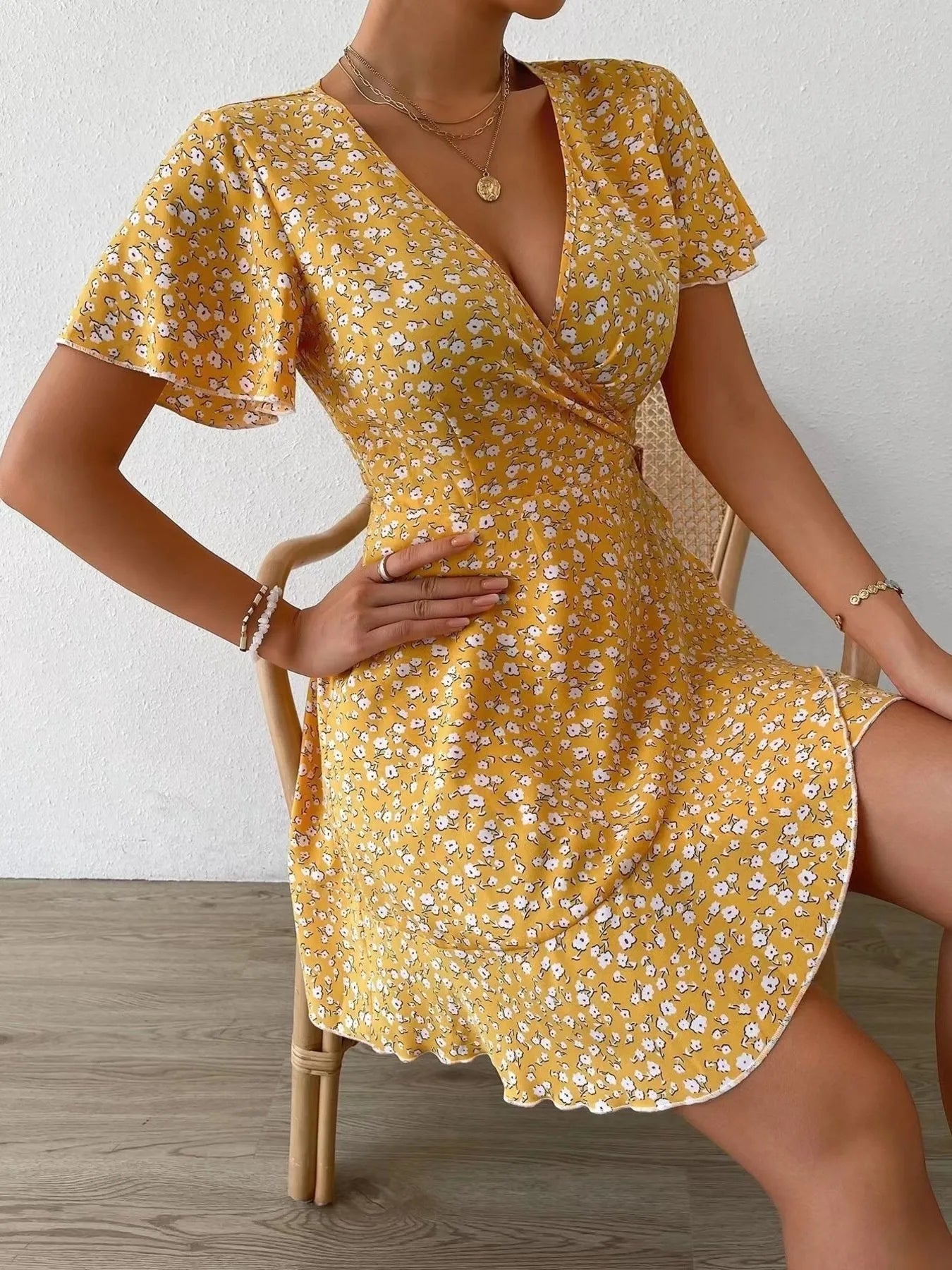 Floral Flutter Sleeve Wrap Mini Dress Gold / S
