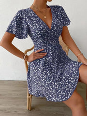 Floral Flutter Sleeve Wrap Mini Dress Navy / S