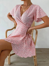 Floral Flutter Sleeve Wrap Mini Dress Pink / S