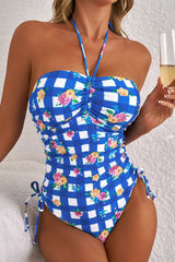 Floral Gingham Halter Neck Drawstring One Piece Swimwear