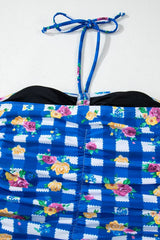 Floral Gingham Halter Neck Drawstring One Piece Swimwear