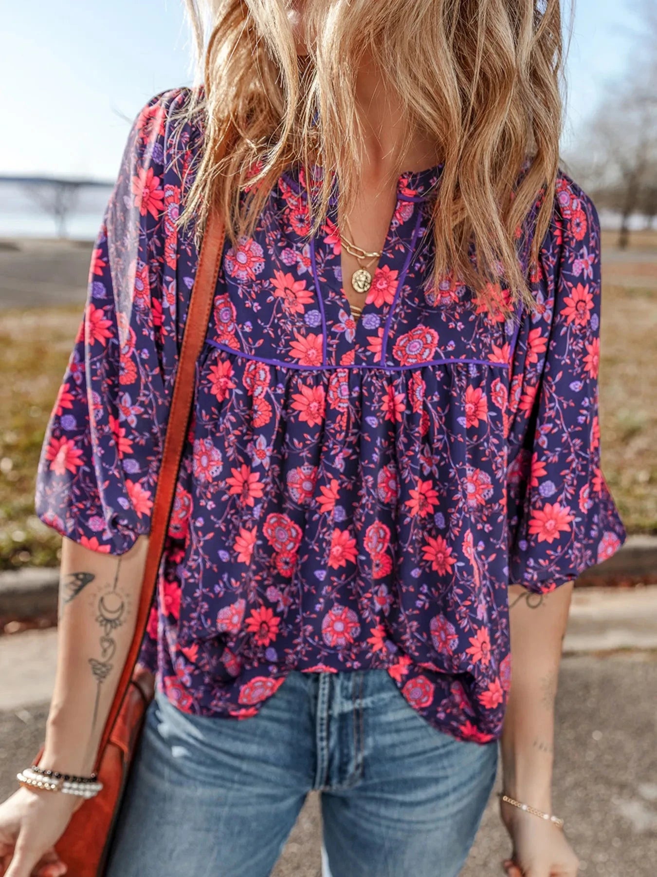 Floral Half Sleeve Split Neck Blouse Top