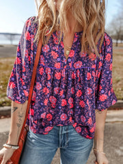Floral Half Sleeve Split Neck Blouse Top