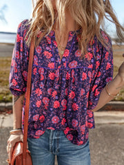 Floral Half Sleeve Split Neck Blouse Top