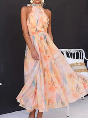 Floral Halter Neck Backless Summer Dress