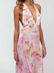 Floral Halter Neck Deep V Maxi Dress