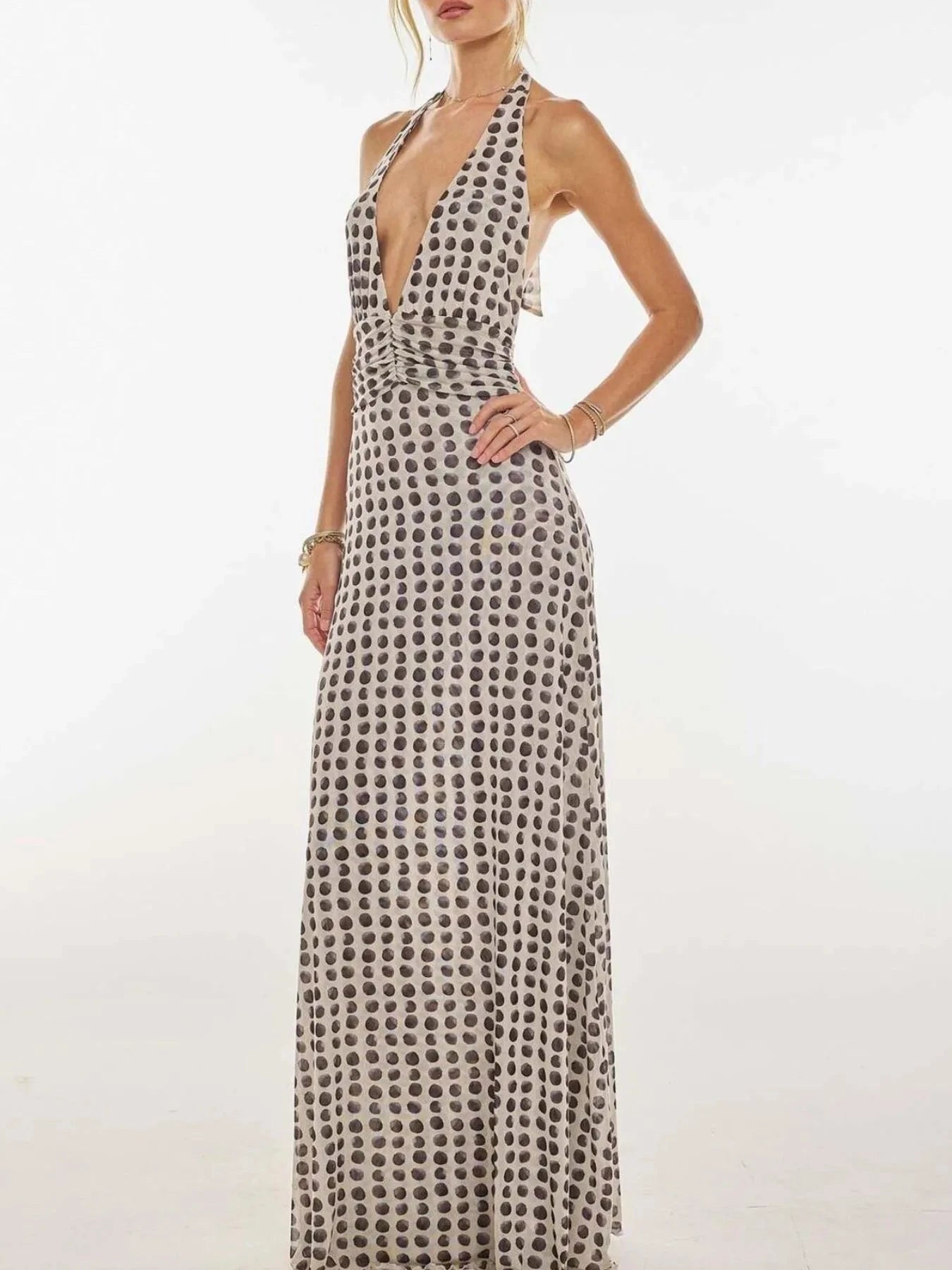 Floral Halter Neck Deep V Maxi Dress