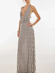 Floral Halter Neck Deep V Maxi Dress