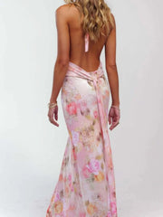 Floral Halter Neck Deep V Maxi Dress