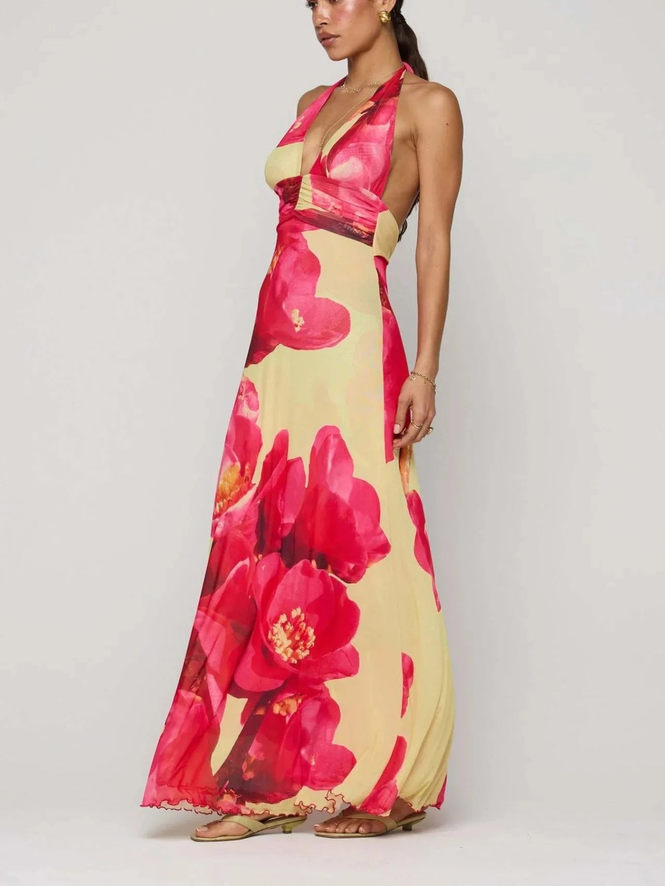 Floral Halter Neck Deep V Maxi Dress