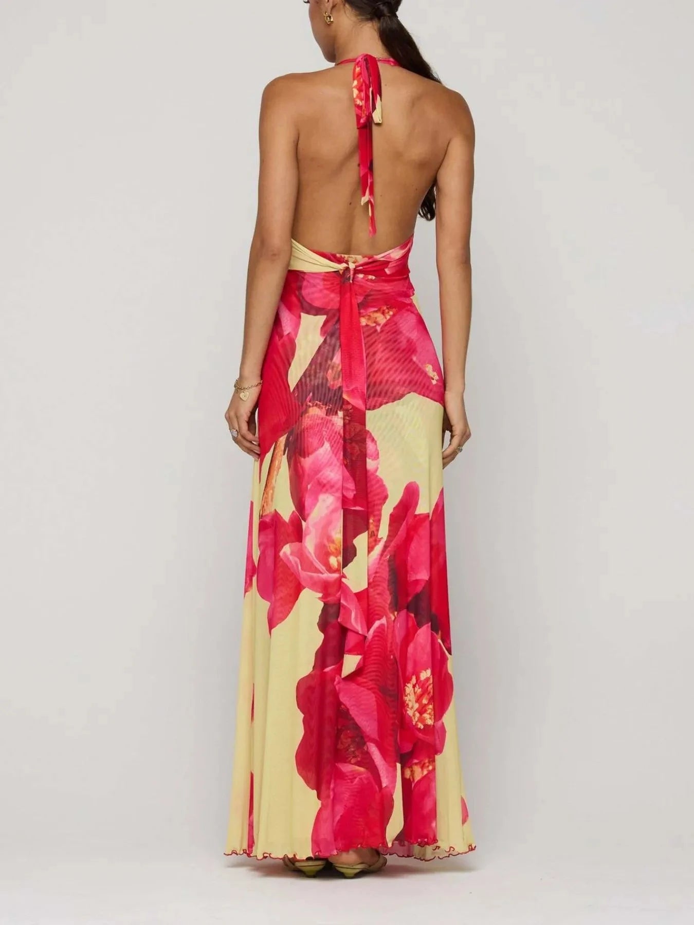 Floral Halter Neck Deep V Maxi Dress