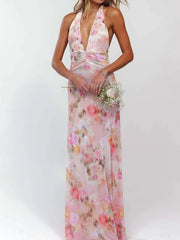 Floral Halter Neck Deep V Maxi Dress Pink / S
