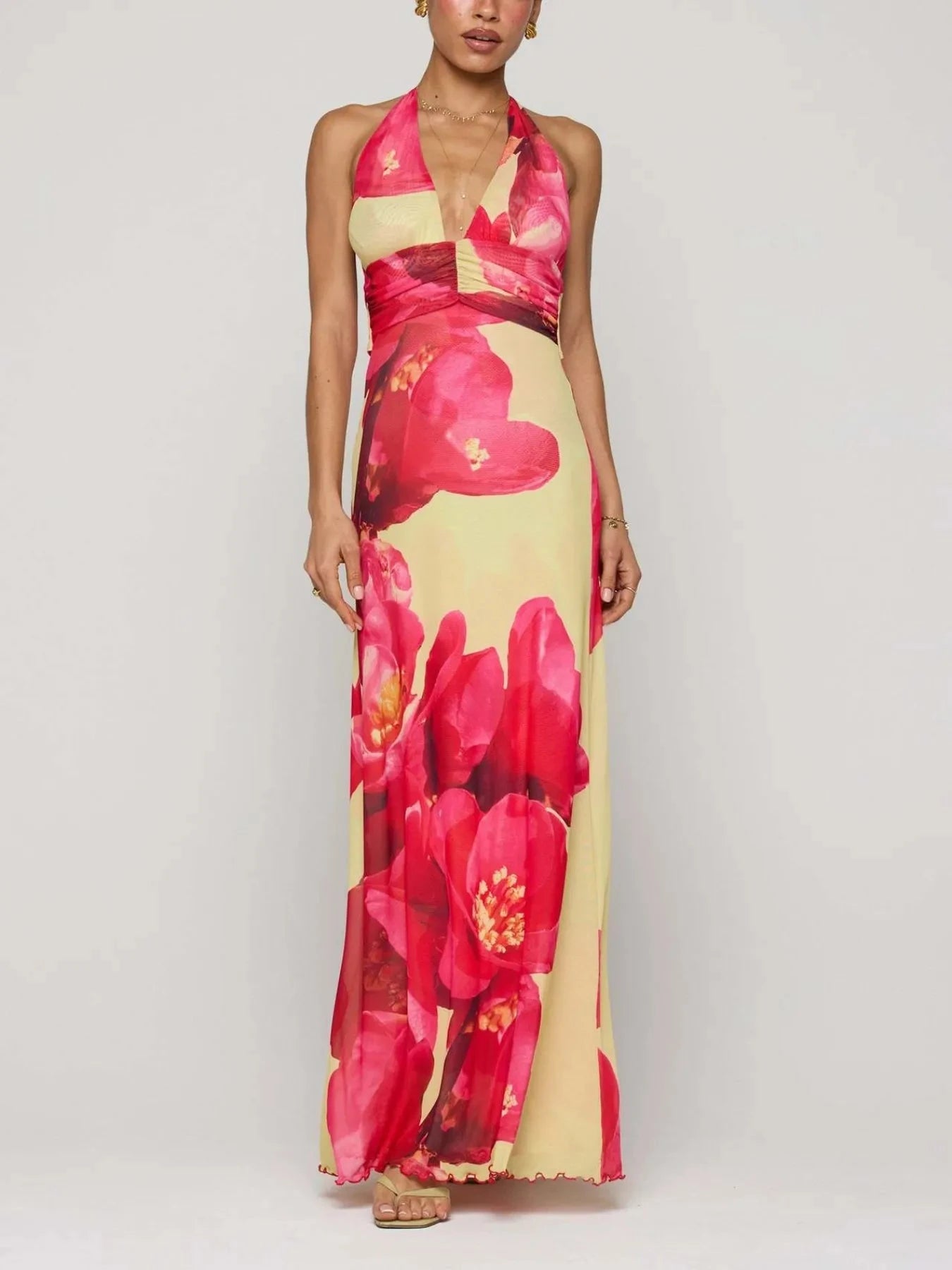 Floral Halter Neck Deep V Maxi Dress Red / S