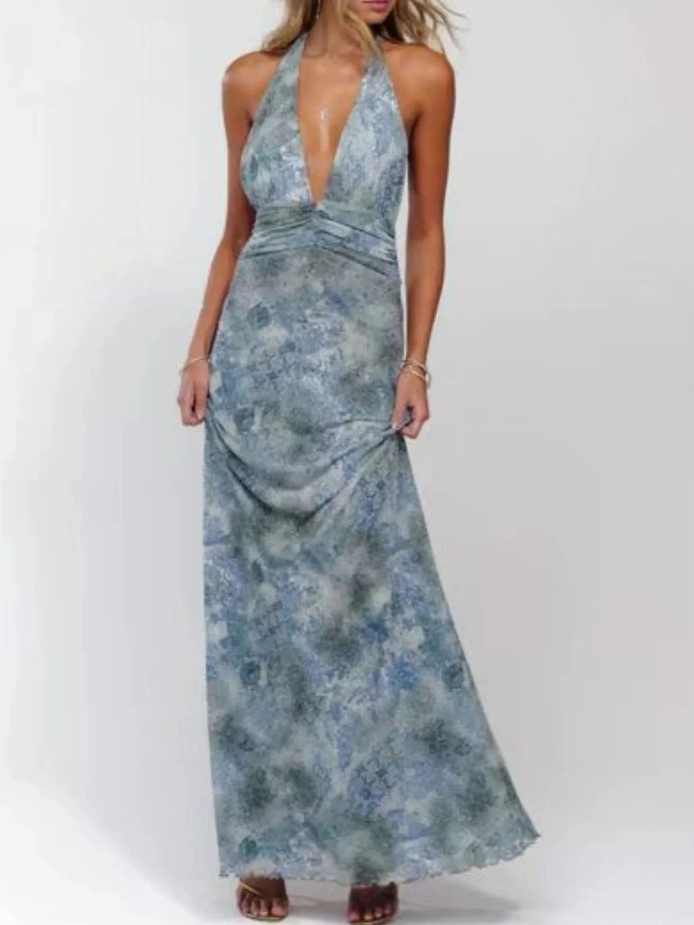 Floral Halter Neck Deep V Maxi Dress Sea blue / S