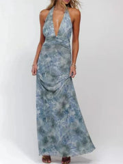 Floral Halter Neck Deep V Maxi Dress Sea blue / S
