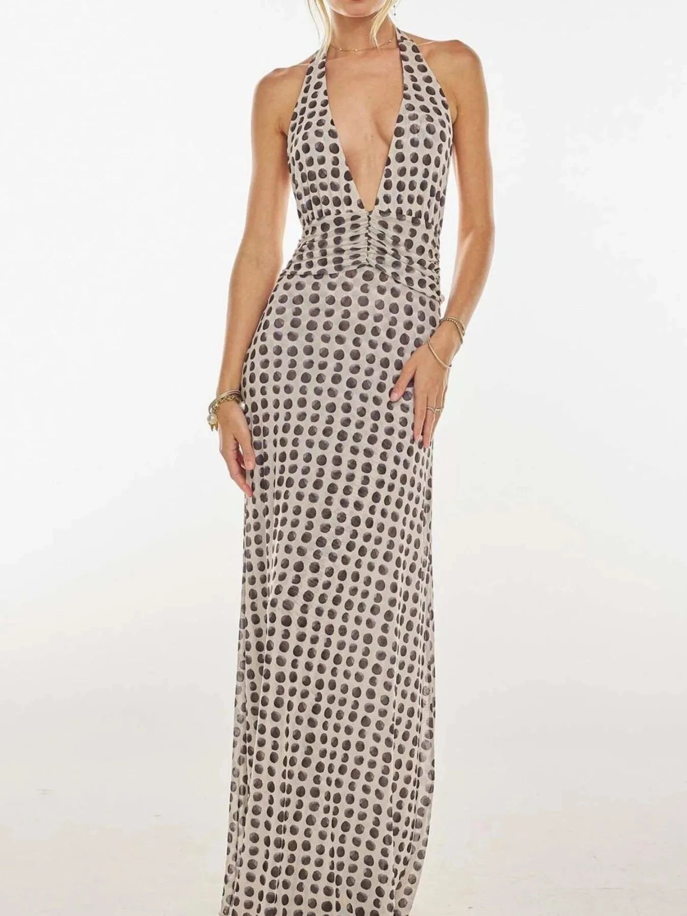 Floral Halter Neck Deep V Maxi Dress Wave Point / S