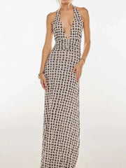 Floral Halter Neck Deep V Maxi Dress Wave Point / S