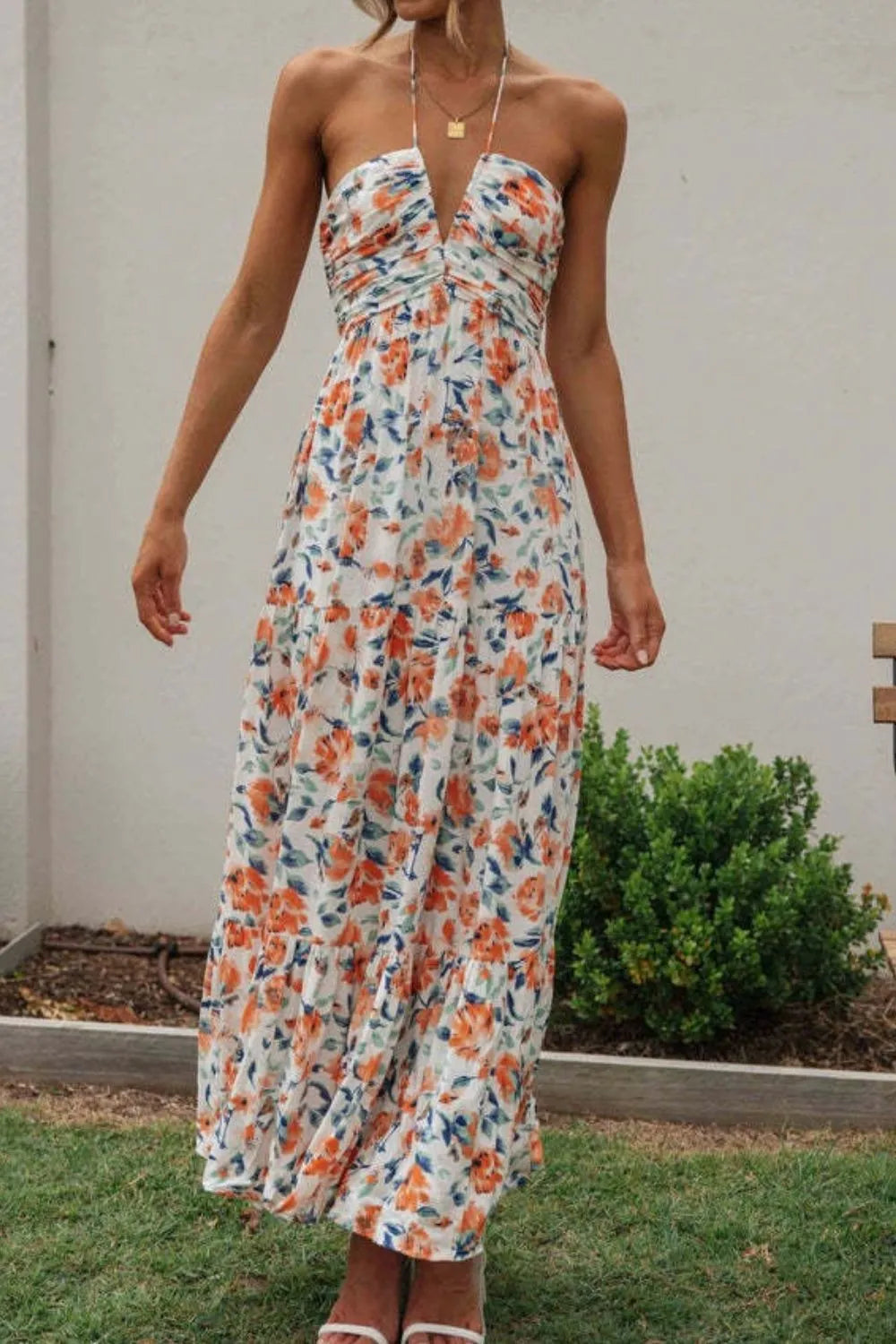 Floral Halter Neck Tiered Maxi Dress
