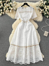 Floral Lace Gold Embellished Midi A-line Dress S / White