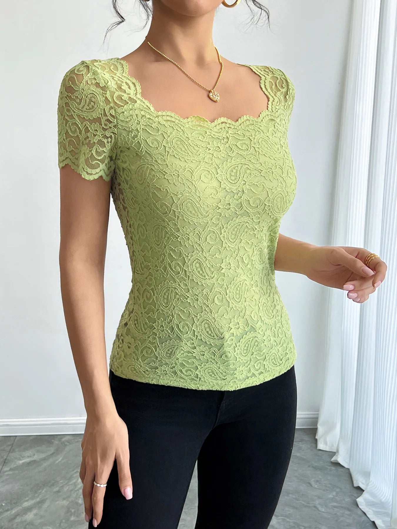 Floral Lace Square Neck T-Shirt