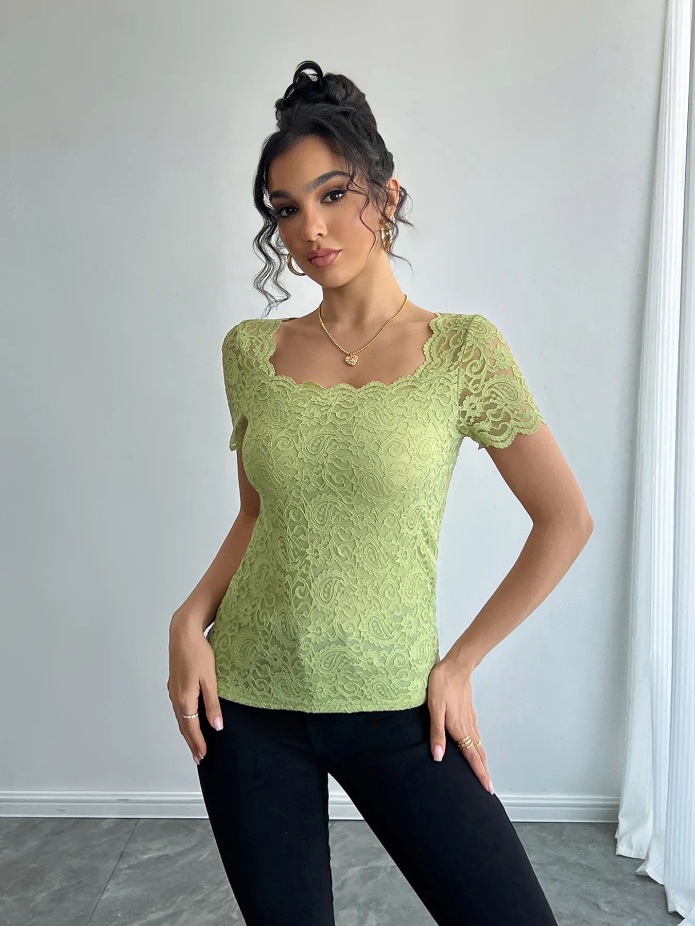 Floral Lace Square Neck T-Shirt