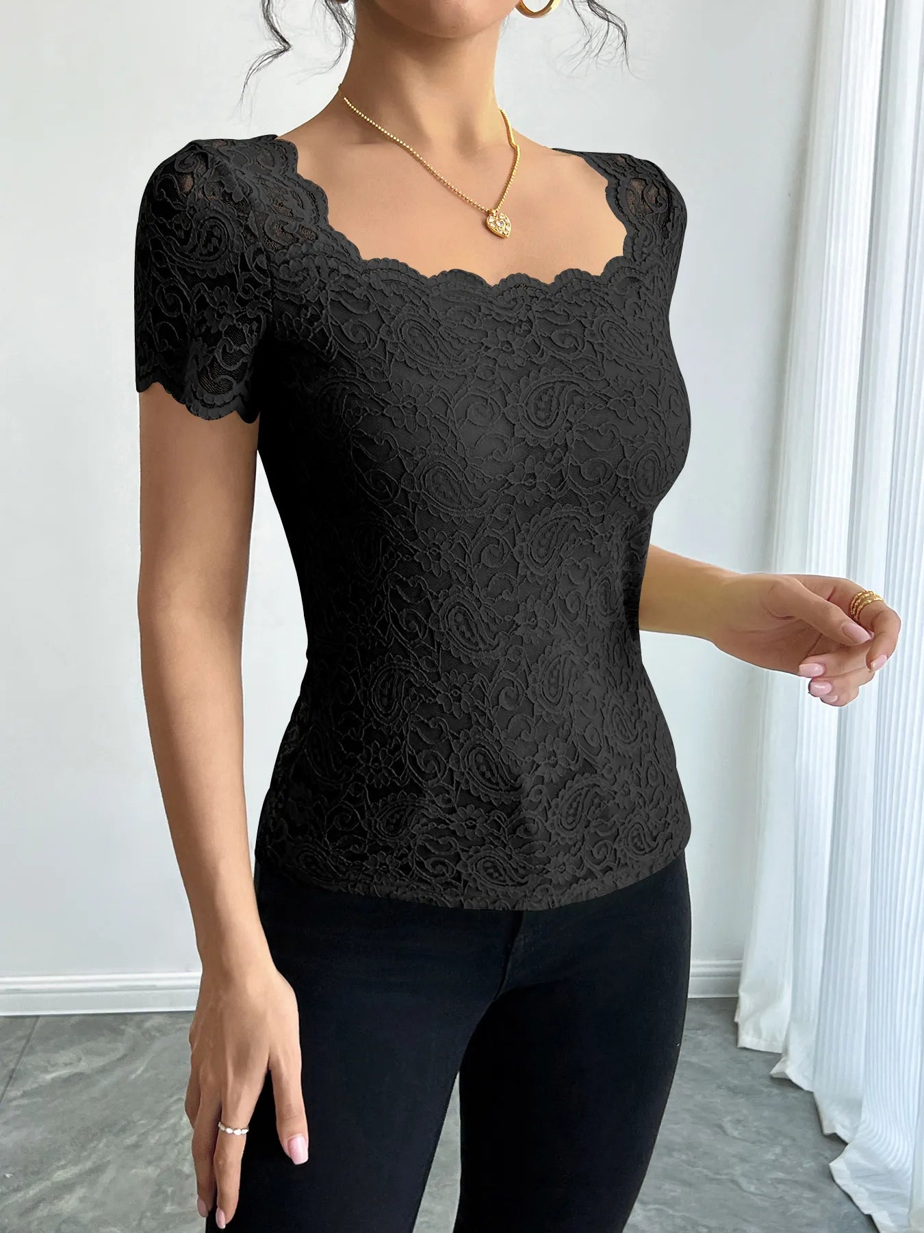 Floral Lace Square Neck T-Shirt