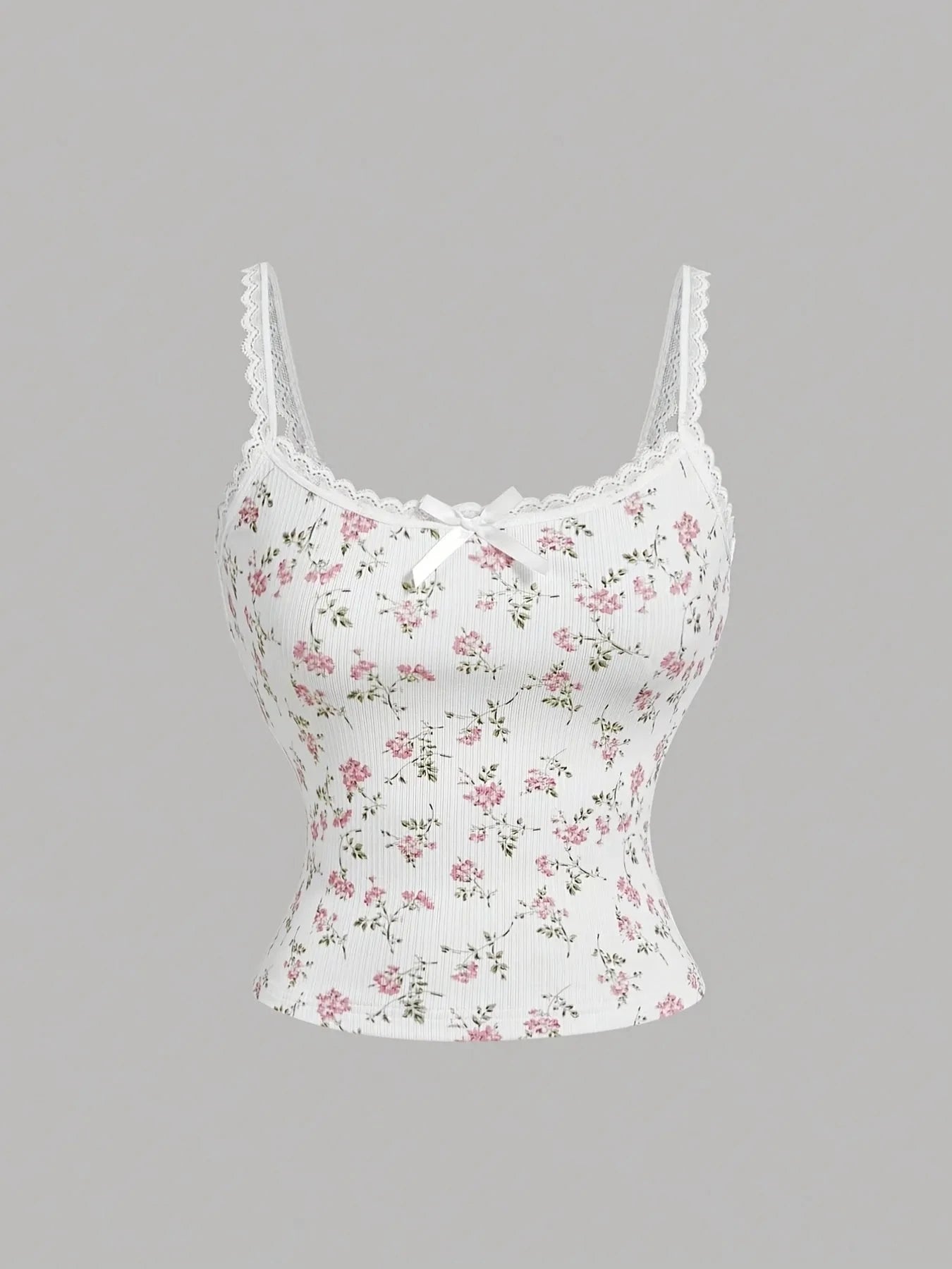 Floral Lace Trim Cami White Print / XS